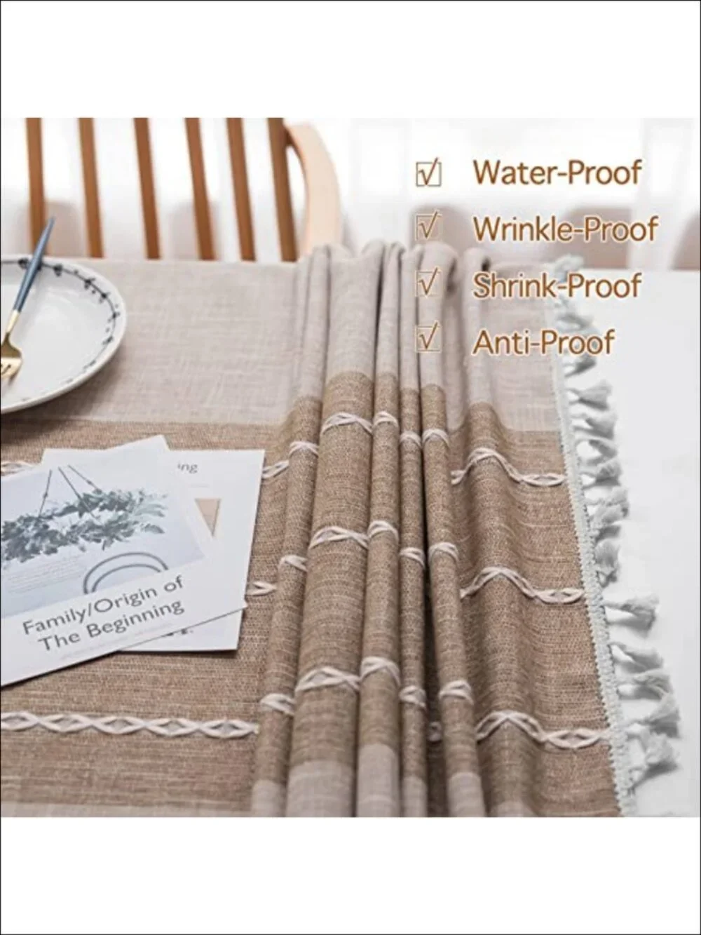Cotton Linen Tablecloth Rectangular Tassels Waterproof Farmhouse Dining Cover